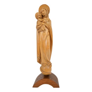 Hand-Carved Wooden Sculpture of Our Lady Mary with Child, 1930 For Sale