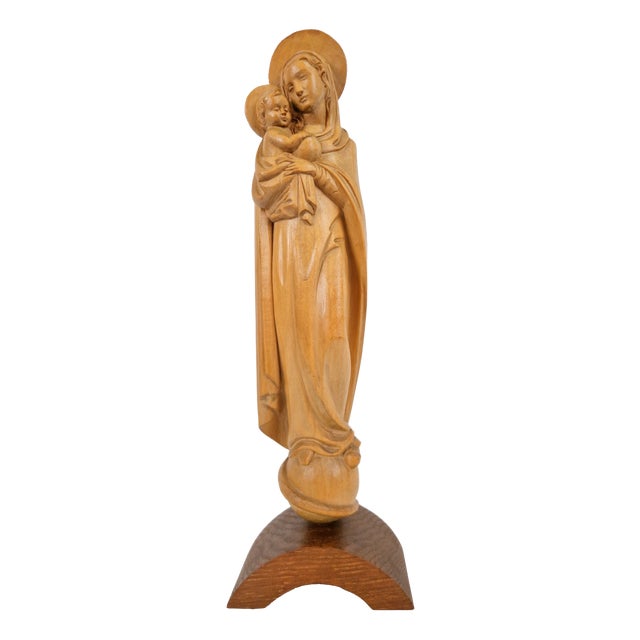 Hand-Carved Wooden Sculpture of Our Lady Mary with Child, 1930 For Sale