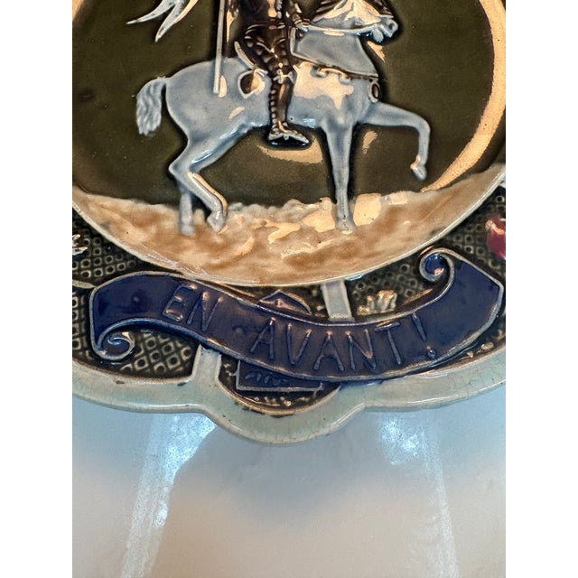 French Antique French Barbotine Majolica Jeanne d'Arc Charger, "Honneur Et Patrie" For Sale - Image 3 of 10
