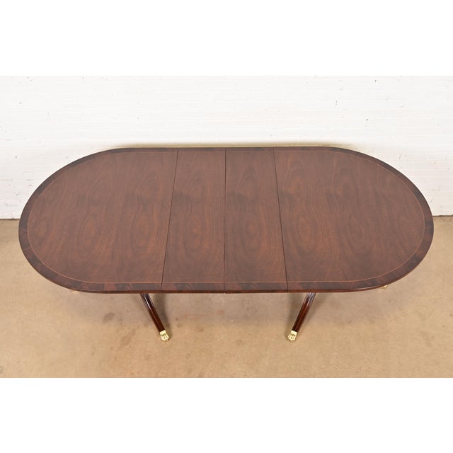 1980s Henkel Harris Georgian Banded Mahogany Double Pedestal Extension Dining Table, Newly Refinished For Sale - Image 5 of 15