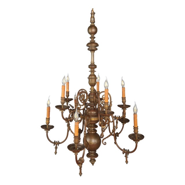 Antique Ten-Armed Bronze Castle Chandelier For Sale