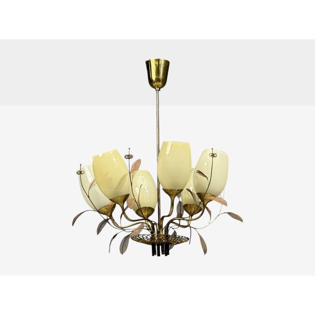1950s Paavo Tynell, Chandelier, Milk Glass, Brass, Finland For Sale - Image 10 of 11