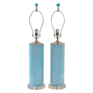 Sky Blue Glass Column Lamps with Finials - Pair For Sale