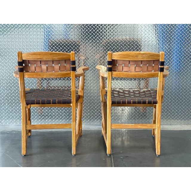 Mid 20th Century Vintage Mid-Century Ranch Oak Leather Strapped Arm Chairs - A Pair For Sale - Image 5 of 11