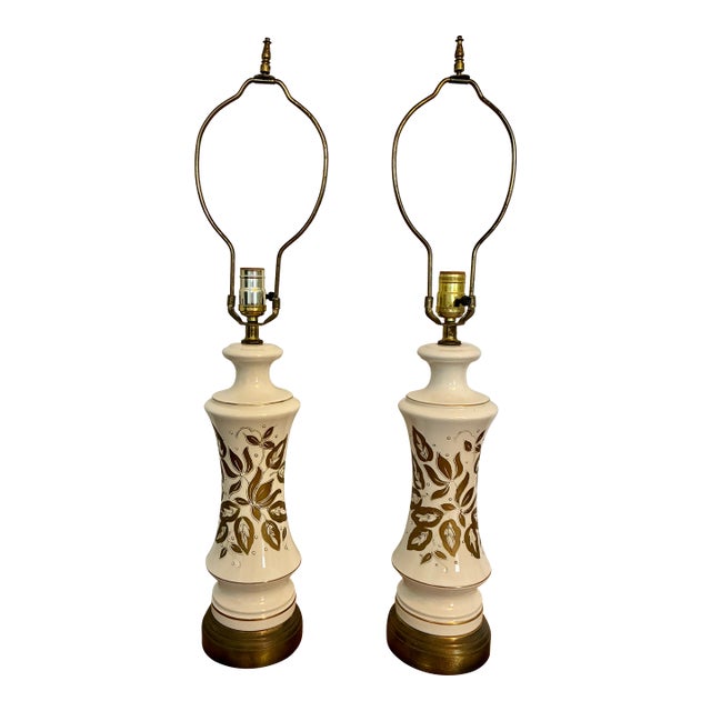 Mid 20th Century Mid Century Modern Gilded Leaf Motif Ceramic Lamps - a Pair For Sale