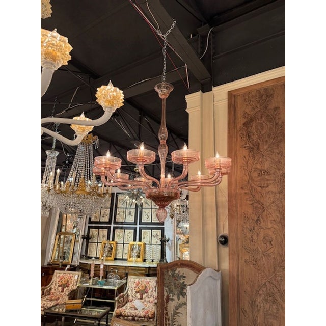 Modern Rosa Murano Glass blown chandelier with 10 arms. Creates an impressive impact! 42h x 38w