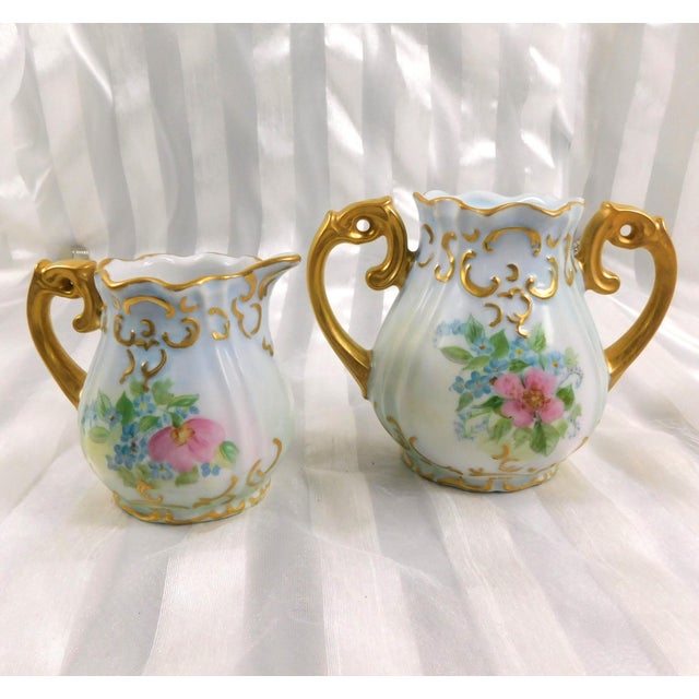 1940s Pale Blue Signed Hand Painted Teapot Sugar Bowl and Creamer Set For Sale - Image 14 of 17