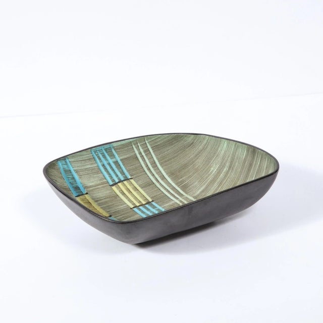 Mid-Century Modern Mid-Century Modern Hand Painted Ceramic Bowl With Aqua & Flaxen Yellow Accents For Sale - Image 3 of 13