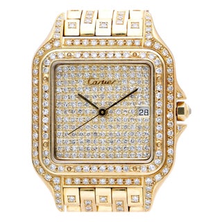 1980s Cartier Panthere Ref 8839 Jumbo 27mm Full Pave Diamond 18k Yellow Gold Watch For Sale