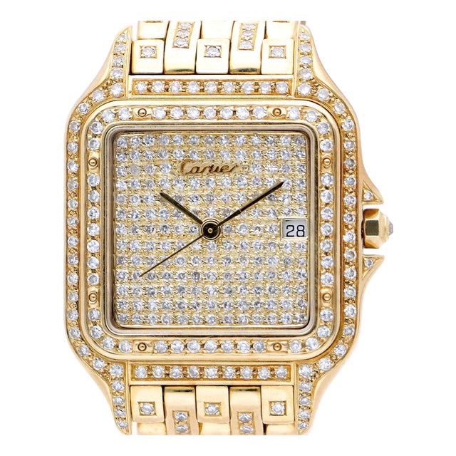 1980s Cartier Panthere Ref 8839 Jumbo 27mm Full Pave Diamond 18k Yellow Gold Watch For Sale