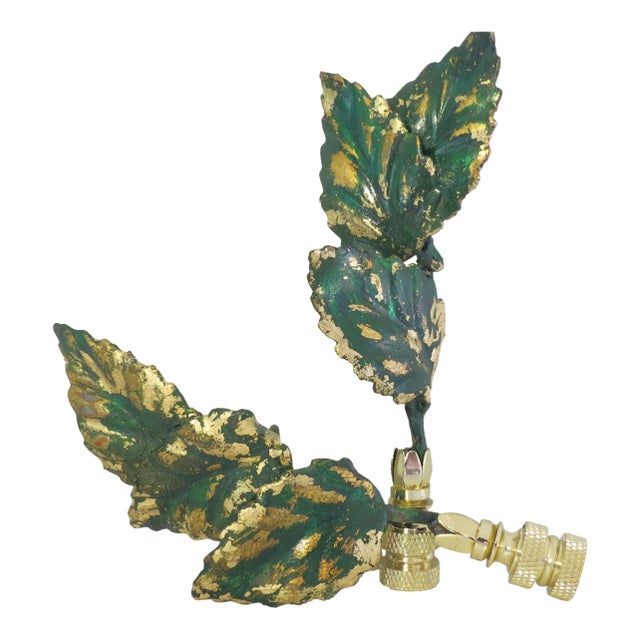 Pair of Vintage Italian Tole Leaf Finials, Gold Leaf Emerald Green Brass Base For Sale