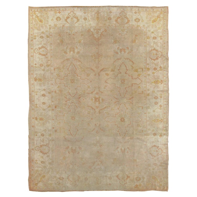 Antique Oushak Carpet, Handmade Turkish Oriental Rug, Beige, Taupe, Soft Shrimp For Sale - Image 18 of 18