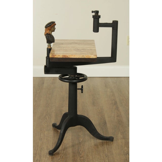 Industrial Work Table Converted to Side Table with Marble Top For Sale - Image 4 of 13