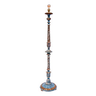 Large Blue and Giilt Carved Wood Floor Lamp, Italy, 1950s For Sale
