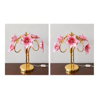 Vintage Pink Murano Glass Floral Table Lamp – Authentic Italian Curved Flower Desk Lamp With Brass Frame - a Pair For Sale