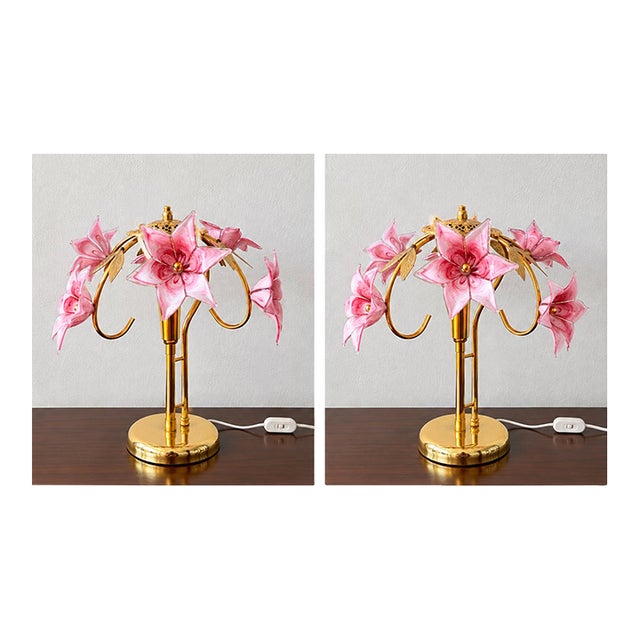 Vintage Pink Murano Glass Floral Table Lamp – Authentic Italian Curved Flower Desk Lamp With Brass Frame - a Pair For Sale
