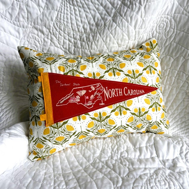 American North Carolina Vintage Pennant on New Woven Floral Throw Pillow For Sale - Image 3 of 4
