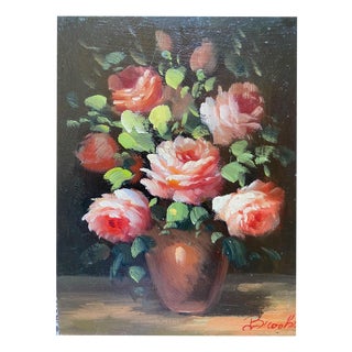 Peter Brooks, Still Life of a Vase of Pink Roses, 1960s, Oil on Canvas For Sale