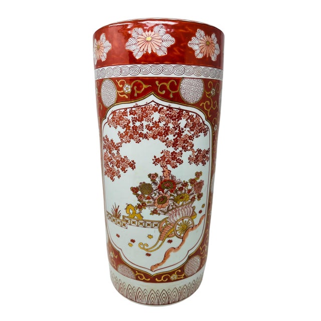 Japanese 1970s Vintage Made in Japan Imari Style Flower Cart Porcelain Umbrella Stand - 18" H For Sale - Image 3 of 13