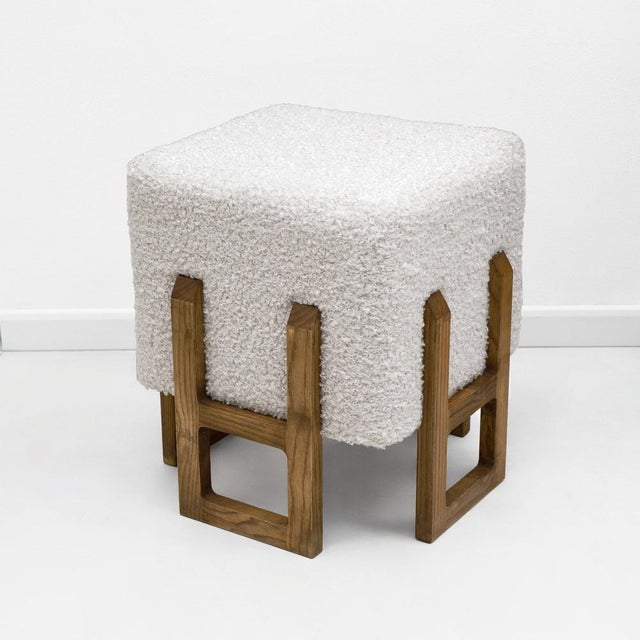 2000 - 2009 Modernist Italian Ash Wood Stools in White Bouclé, 2000, Set of 2 For Sale - Image 5 of 7