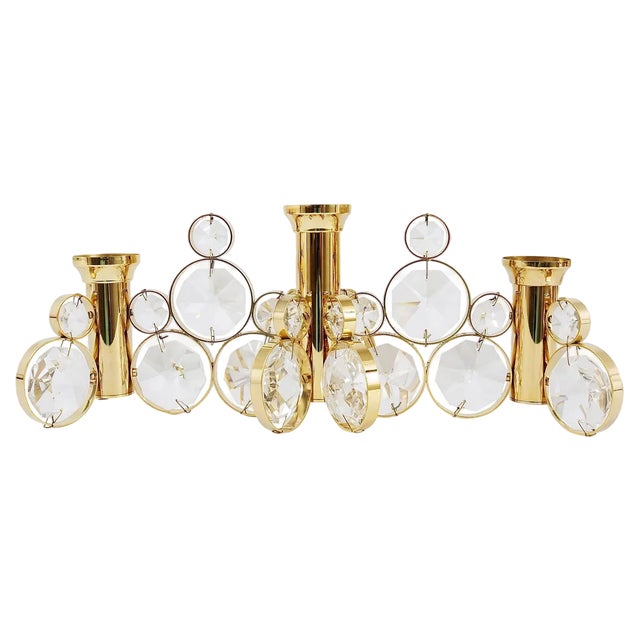 Brass and Crystals Candleholder in the Style of Gaetano Sciolari for Palwa, 1970s For Sale