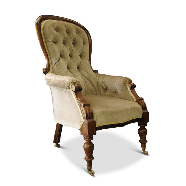 Victorian Walnut & Velvet Scroll Arm Button Back Library Armchair with Original Brass Castors For Sale - Image 6 of 6