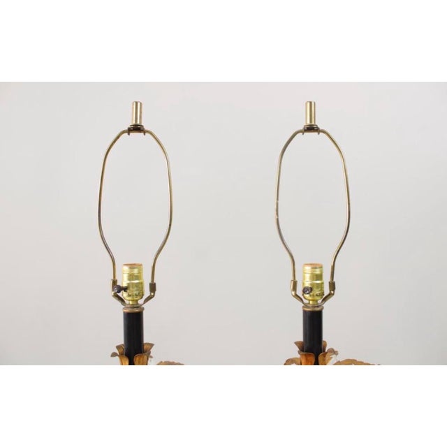 1950s Foliate Italian Tole Hollywood Regency Gold Gilt and Black Pair of Lamps With Crystals - a Pair For Sale - Image 10 of 12