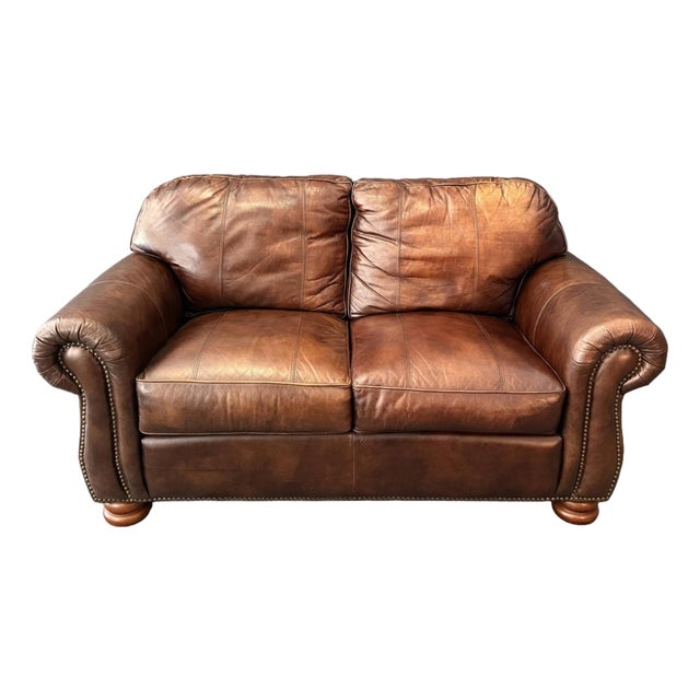 Thomasville Traditional Brown Leather Loveseat For Sale