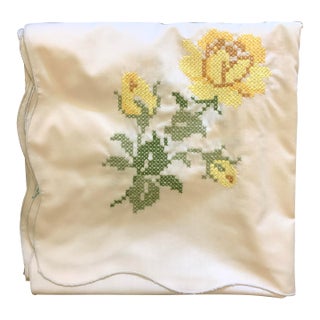 Vintage 1970’s Handmade Cross Stitch Floral Embroidered Tablecloth For Sale
