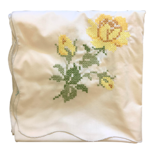 Vintage 1970’s Handmade Cross Stitch Floral Embroidered Tablecloth