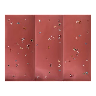 Luxury Hand-Painted Chinoiserie Butterfly Mural | Red Botanical Decorative Wall Panels For Sale