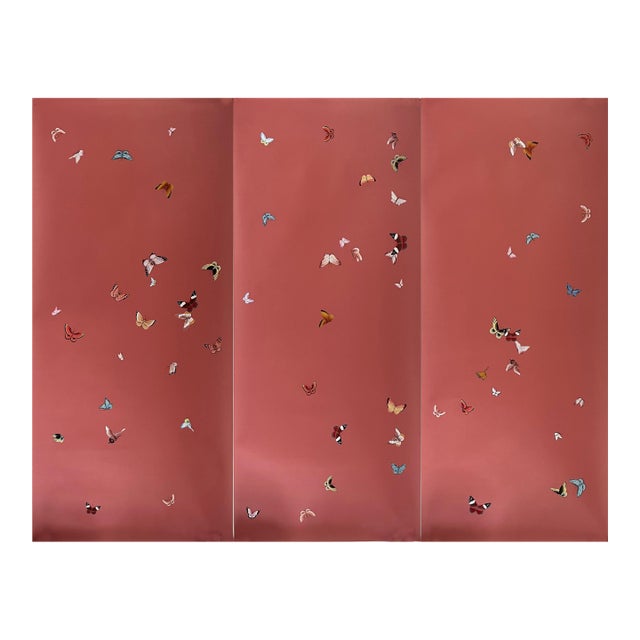 Red Butterfly Chinoiserie Mural | 3-Panel Hand-Painted Wallpaper For Sale