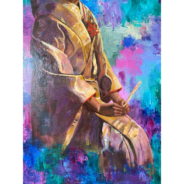 Black 1980’s Marion Swartz Japanese Lady Oil Painting – Vibrant Impressionist Portrait, Black Lacquer Frame For Sale - Image 8 of 11