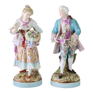 Pair of Large Meissen Style Porcelain Figures of Woman & Man Gardeners C1890 For Sale