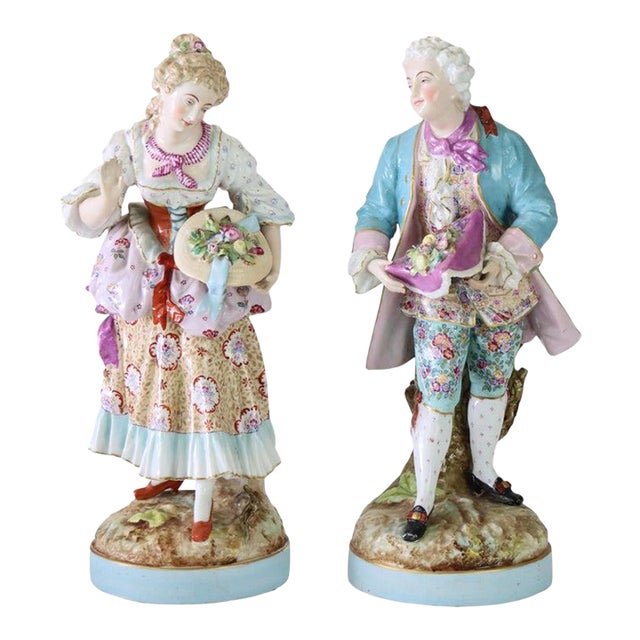 Pair of Large Meissen Style Porcelain Figures of Woman & Man Gardeners C1890 For Sale