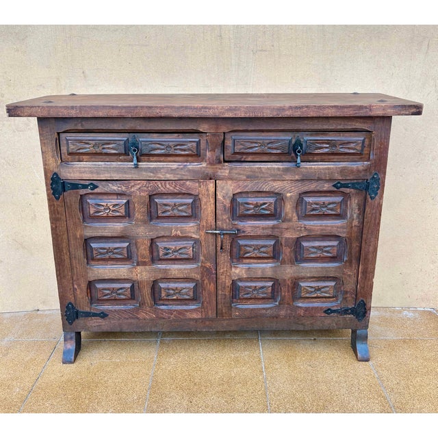 1940s 1940s Spanish Rustic Carved Solid Wood Sideboard with Wrought Iron Details For Sale - Image 5 of 9