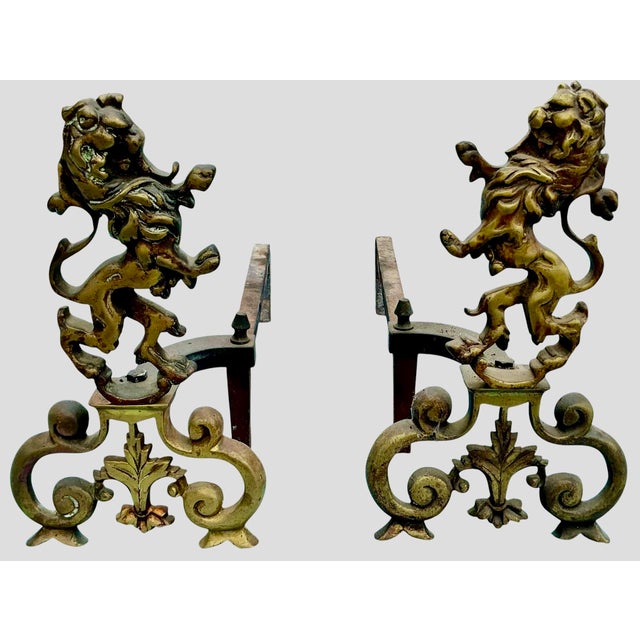 Brass Vintage Pair of Brass Lion Form Andirons For Sale - Image 8 of 12