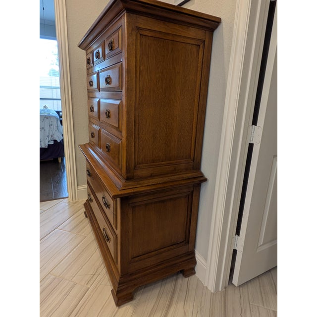 Thomasville Solid Oak Early American Style Chest-on-Chest Tallboy Dresser Vintage 1960 For Sale - Image 11 of 11