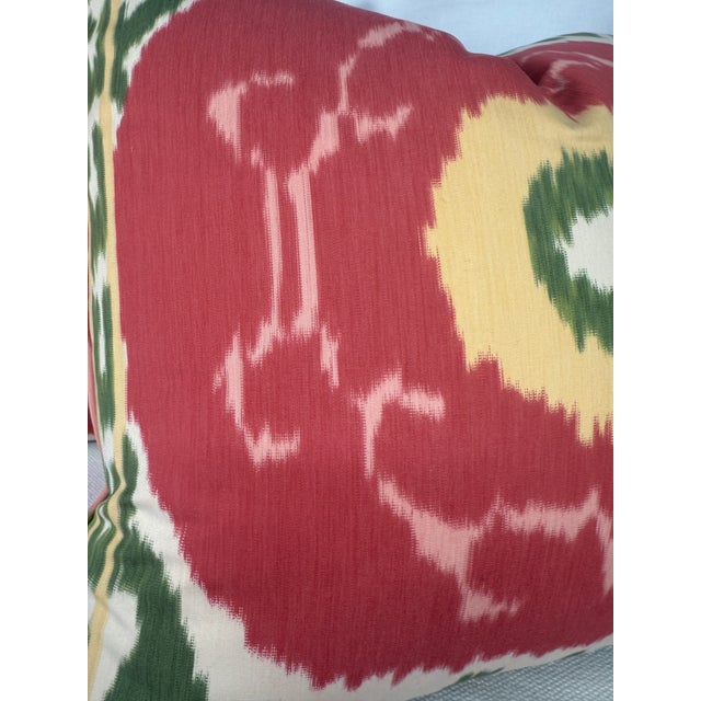 Transitional Schumacher "Samarkand Ikat" in Watermelon 22" Pillows-a Pair For Sale - Image 3 of 3