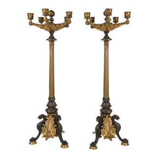 Pair of French Neo-Grec Gilt and Patinated Bronze Five-Light Candelabra, Cast by the Auguste-Maximilien Delafontaine Foundry, Paris, Circa 1870–1885. For Sale