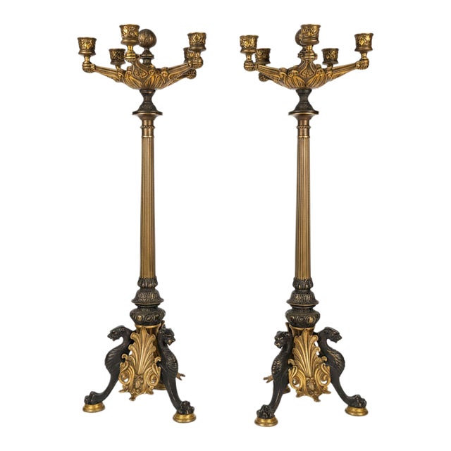 Pair of French Neo-Grec Gilt and Patinated Bronze Five-Light Candelabra, Cast by the Auguste-Maximilien Delafontaine Foundry, Paris, Circa 1870–1885. For Sale