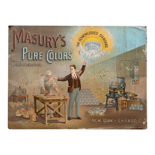 Early 20th Century "Masury's Pure Colors" Paint Tin Litho Advertising Sign For Sale