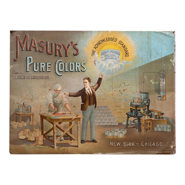 Early 20th Century "Masury's Pure Colors" Paint Tin Litho Advertising Sign For Sale