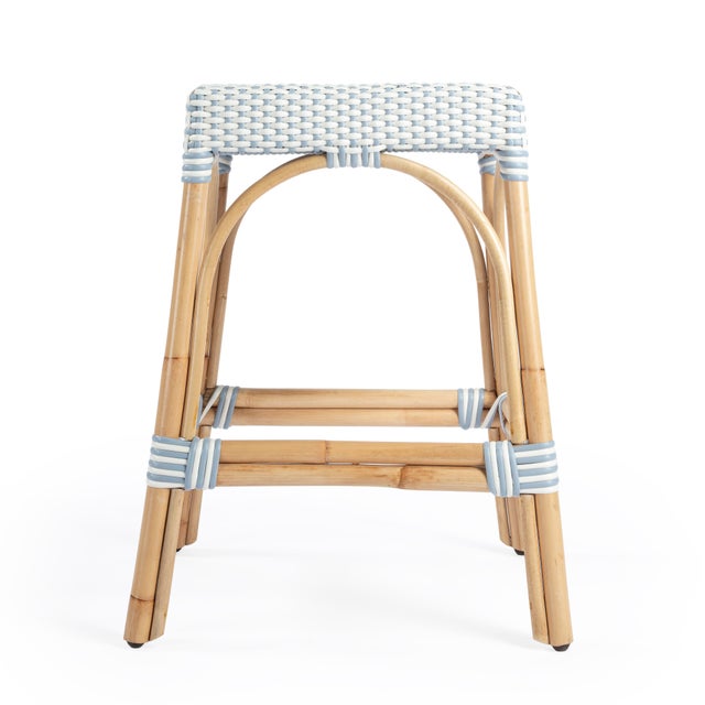 2020s Robias 24.5 in. Seat Height Rectangular Rattan Backless Counter Stool with Footrest, White/Sky Blue Dot / Natural Rattan Frame For Sale - Image 5 of 9