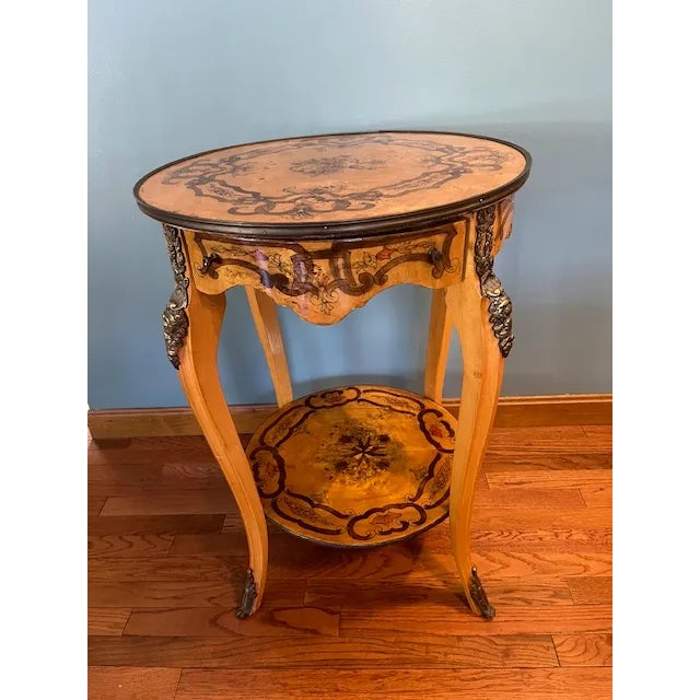 Vintage Italian Marquetry Two-Tier Side Table With Drawer & Bronze Mounts For Sale - Image 13 of 14