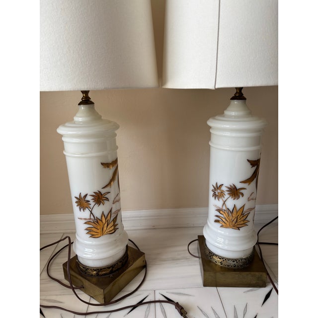 Hollywood Regency Mid 20th Century Hollywood Regency Midcentury Gold and White Hand Painted Opaline Palm Tree Table Lamps - a Pair For Sale - Image 3 of 11
