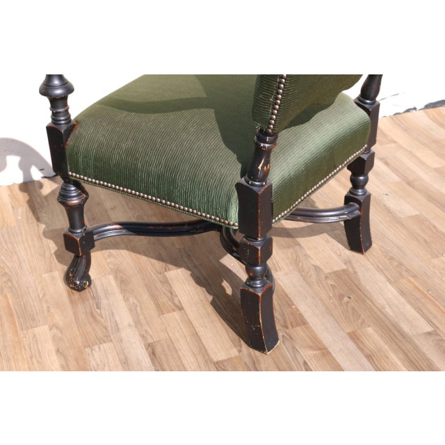 Pair of Antique High Back Throne Armchairs | Green Upholstery & Gold Monogram | Early 20th Century For Sale - Image 14 of 18
