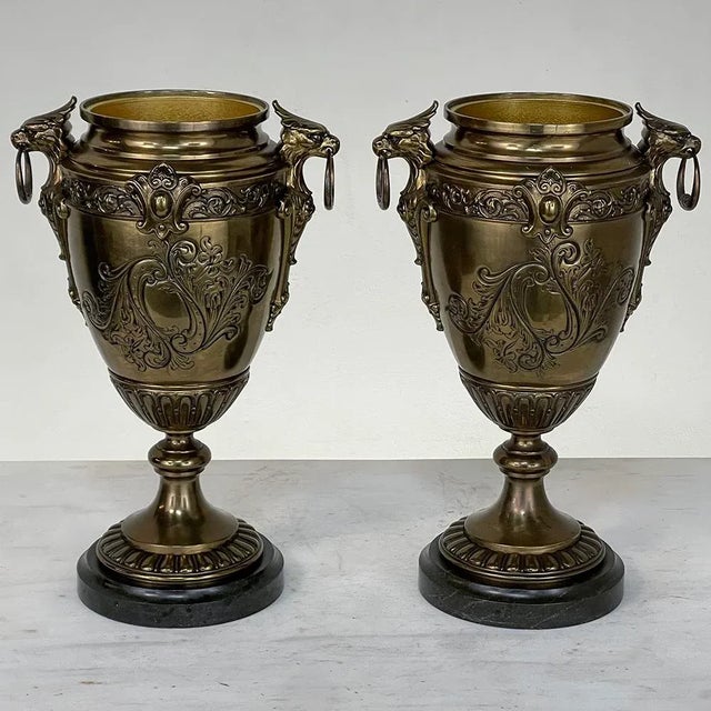 French Pair of 19th Century French Napoleon III Period Bronze & Brass Urns For Sale - Image 3 of 13