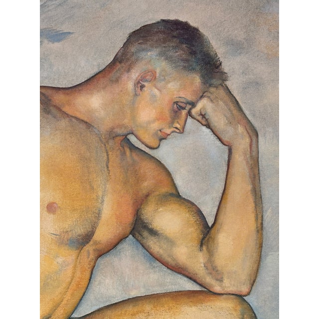 A large painting of a muscular gentleman in pose. Oil on canvas in original frame, signed Fredrick Spraque and dated 1949....