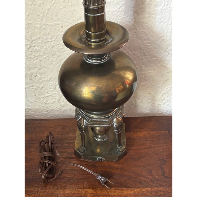 Mid 20th Century Stiffel Style Brass Lamp With Black Shade For Sale - Image 9 of 10